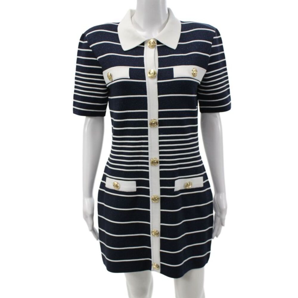 Retrofete Women Dark Blue Striped Collared Shirt Dress Short Sleeve Size L